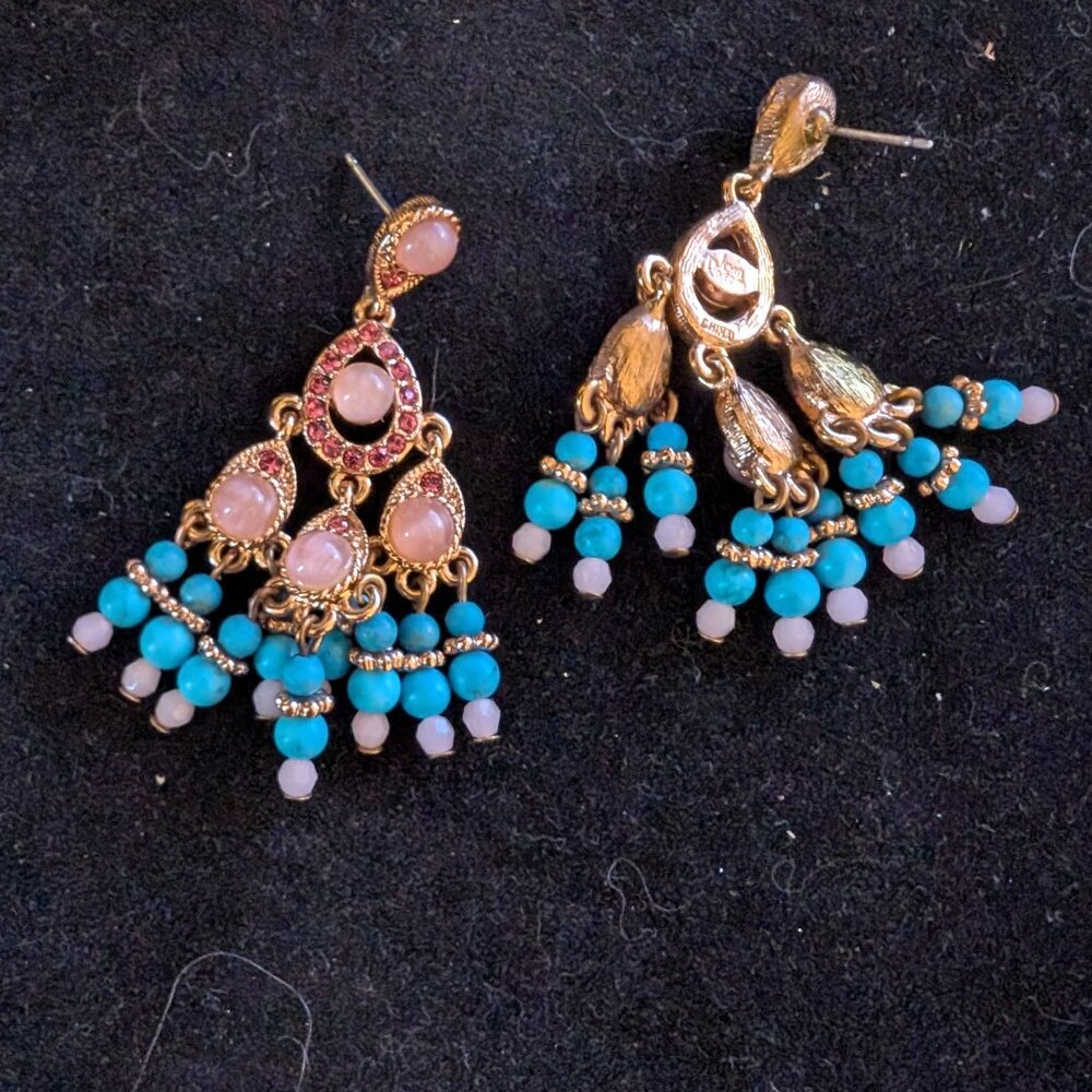 RARE FIND VINTAGE JOAN RIVERS ROSE GOLD CHANDELIER TEARDROP PINK TEAL #18
